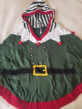 Elf Hooded Striped Knit Pullover Poncho Sweater Women’s L